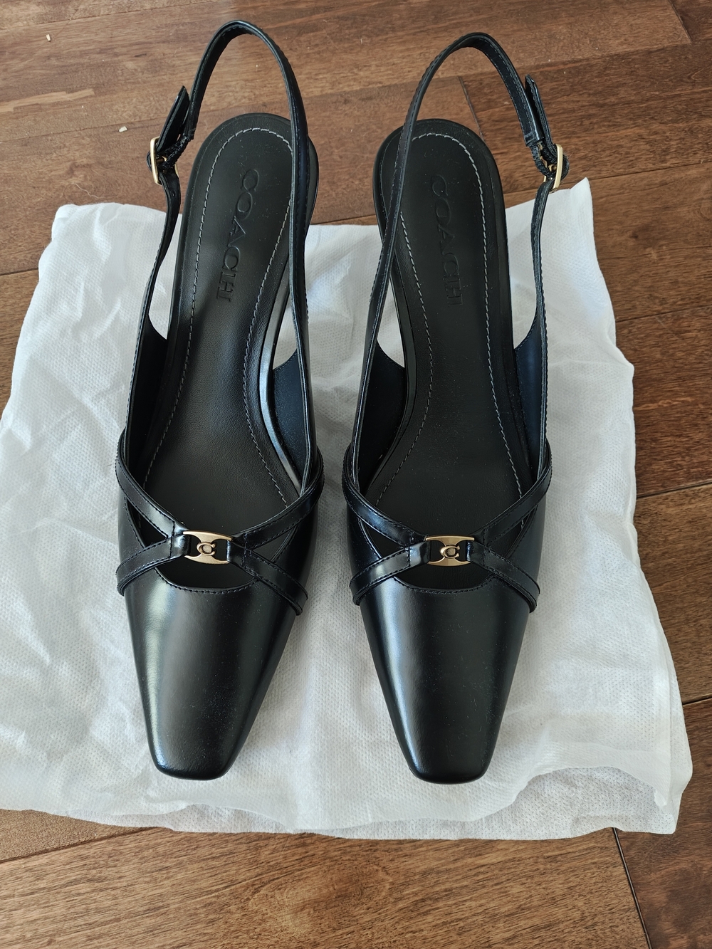 Coach Black Leather Pointed Slingback Pumps with Gold Accent